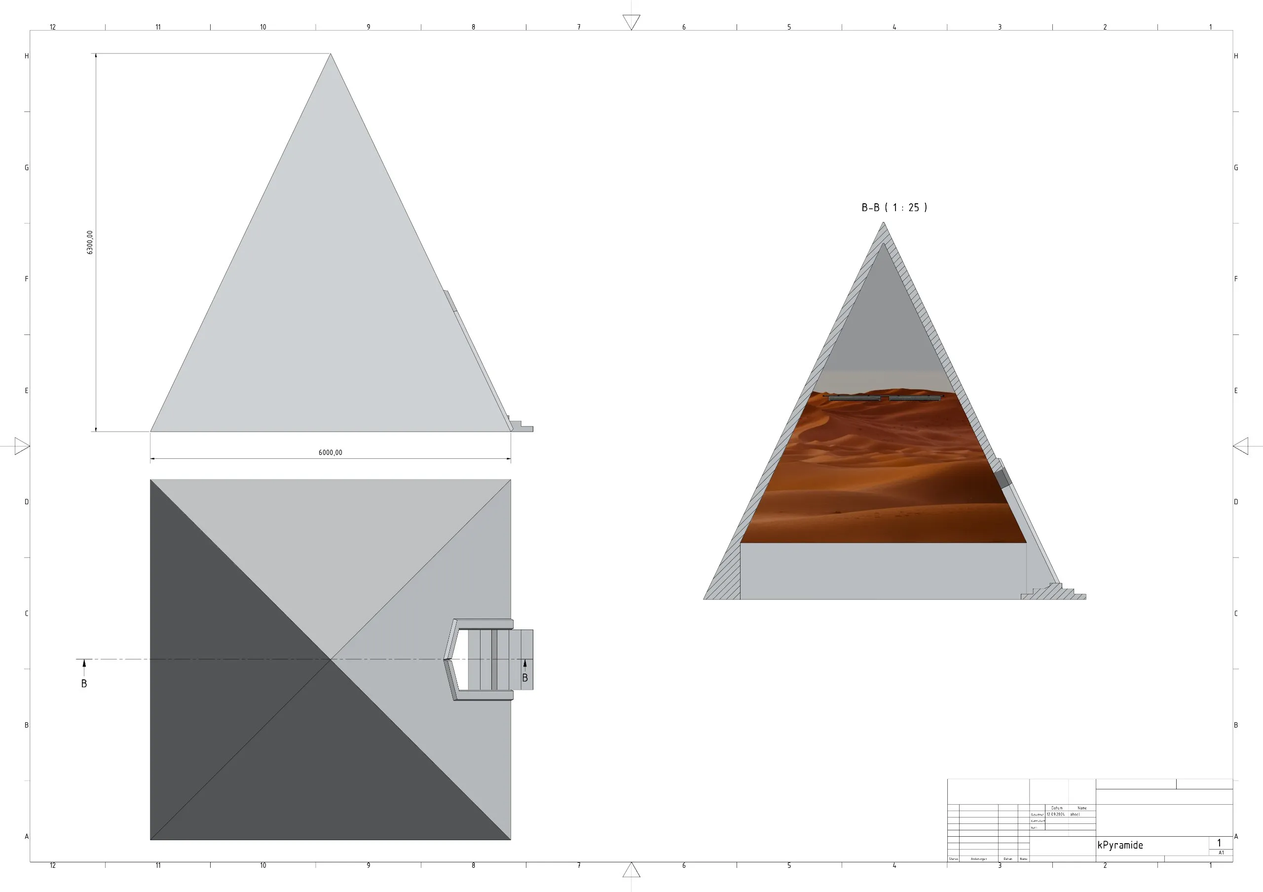 Aufriss und Schnitt der begehbaren Pyramide